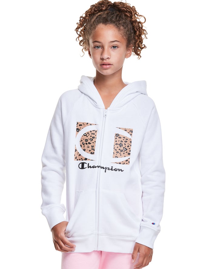 Champion Fleece Raglan Full Zip Leopard Knockout Logo Kiz Çocuk Kapşonlu Sweatshirt Beyaz ( YBFHUO69